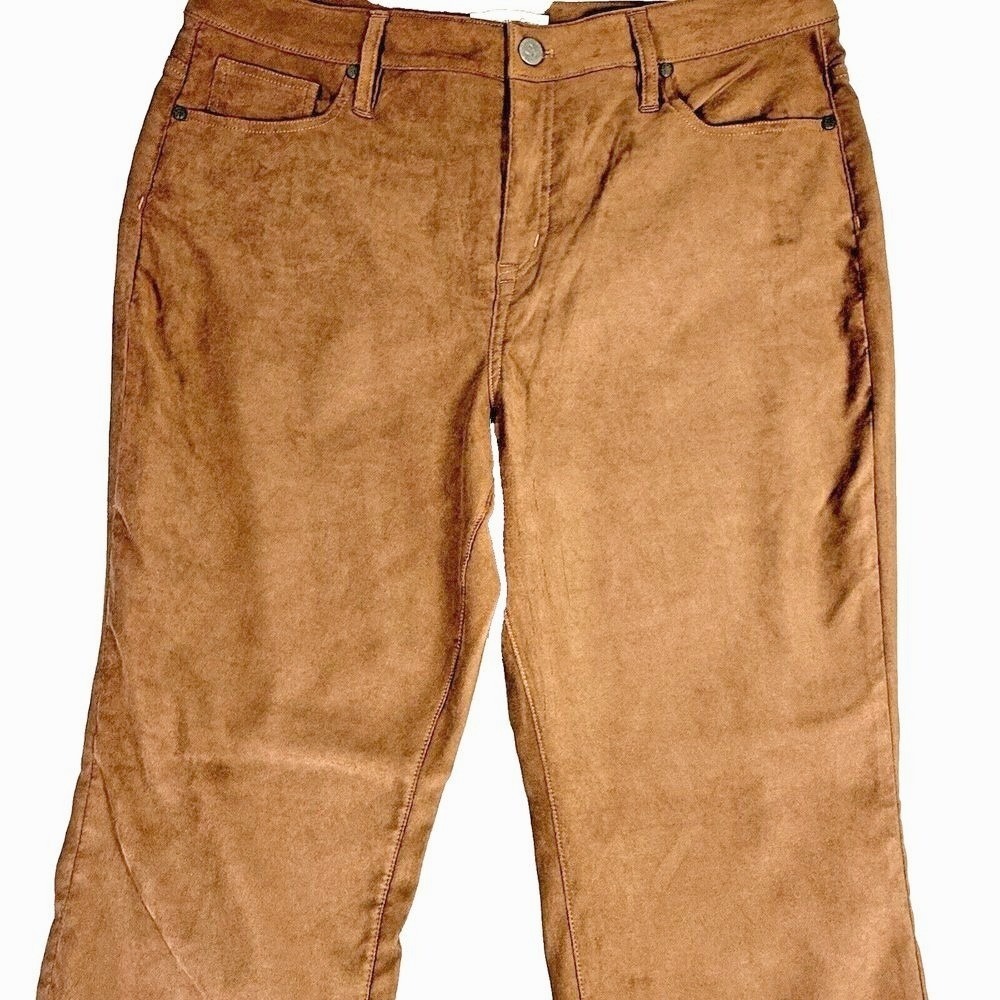 Coldwater Creek Faux Suede Pants Womens 14 Brown Cognac Straight Leg Stretch